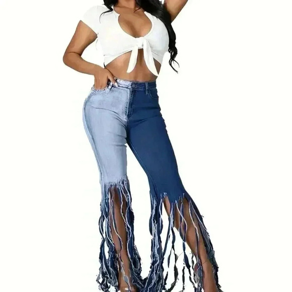Wide Leg Two-Tone Flare Tassel Jeans (Two Tone Denim Blue) - Picture 4 of 4